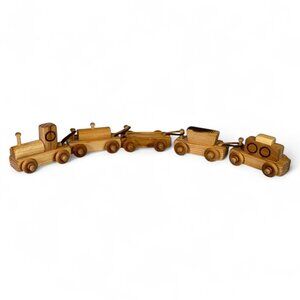 Vintage Handmade Wooden Toy Train Set – Engine & 4 Cars Natural Wood